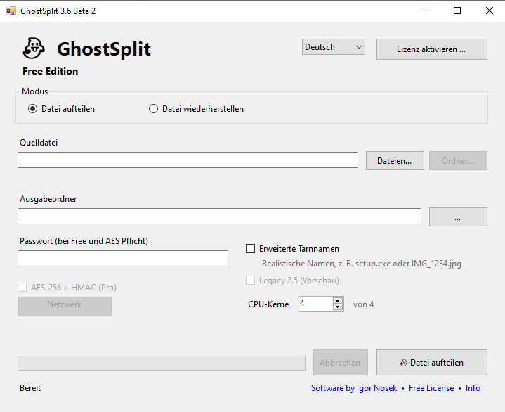 Programmoberfläche von GhostSplit 3.6 Beta 2